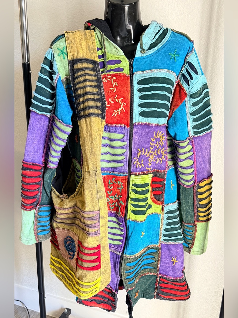 Patchwork Hooded Women's Coat in Multicolor with Semi matching Bag